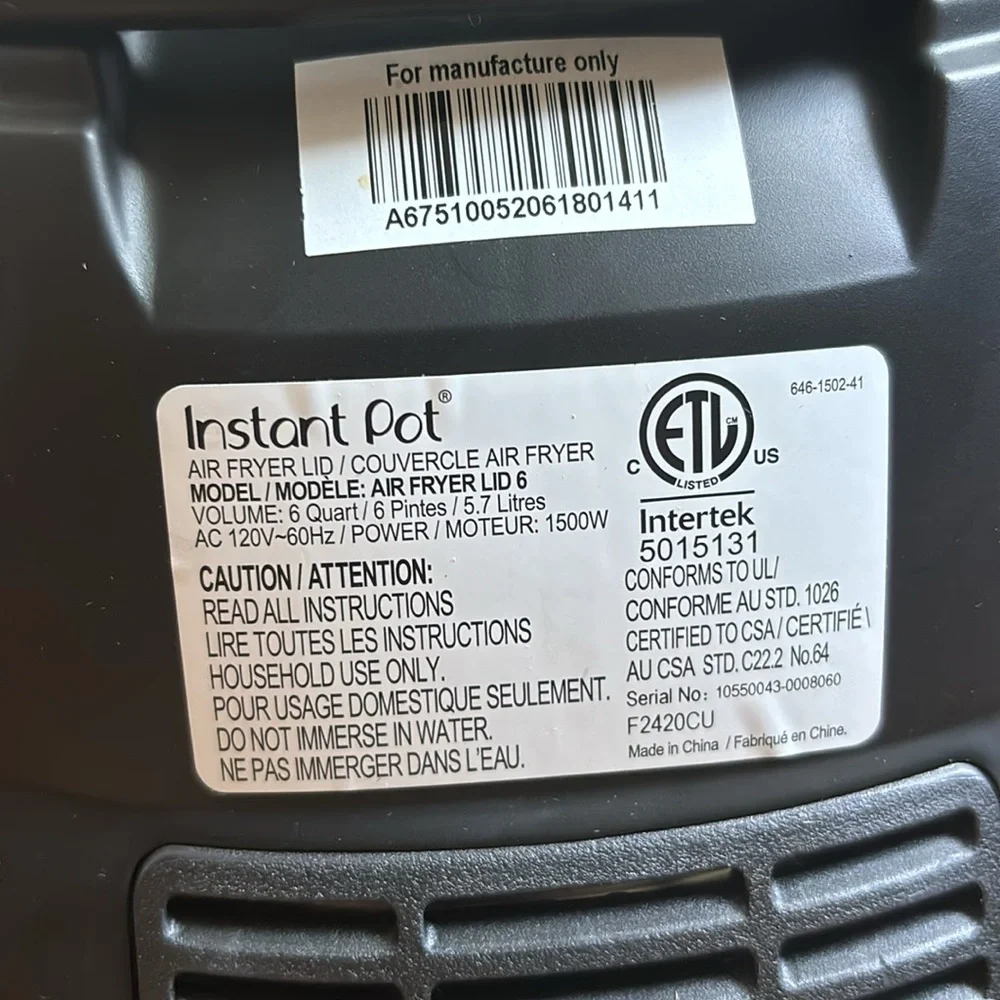 Instant Pot Black Air Fryer Lid - Replacement Air Fryer Accessory